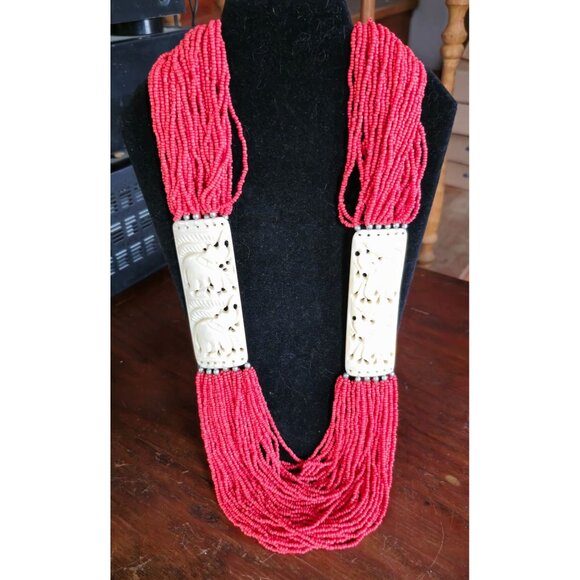 Ethnic Jewelry - Antique Red Coral Beaded Necklace w/ Hand Carved Elephant Detail Hand Tied Rare!